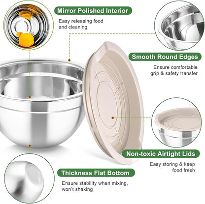 TeamFar Mixing Bowls with Airtight Lids, 5PCS Stainless Steel Metal Salad Bowl with 3 Grater Attachments, for Cooking, Prepping, Serving, Healthy & Easy Clean - 0.7/1/1.5/2.6/4.6QT, Khaki - Image 4