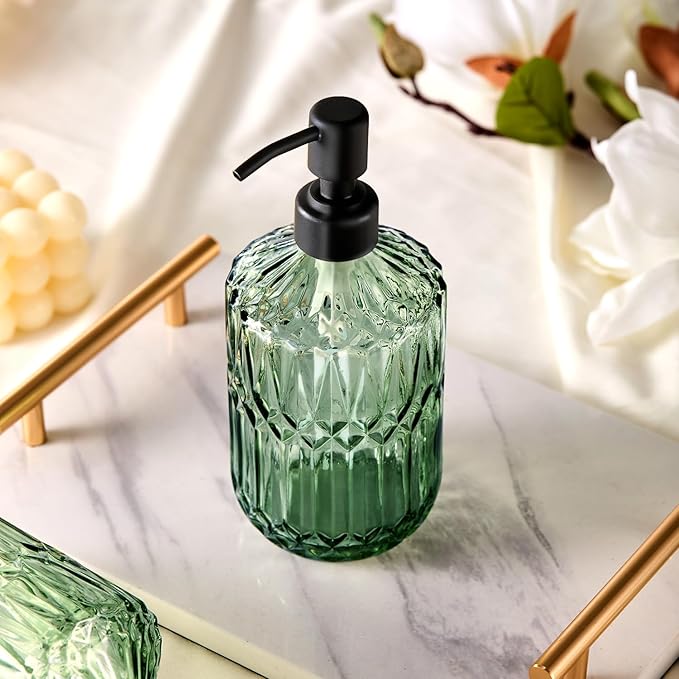 COHOSEGE 17 Oz Green Glass Kitchen Soap Dispenser for Dish Soap, 2 Pack Bathroom Soap Dispenser Set with Black Rust Proof Pump for Lotion, Hand soap or Body Wash - Image 7