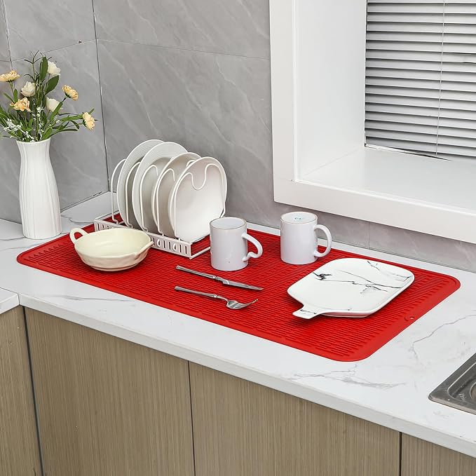 MicoYang Silicone Dish Drying Mat for Multiple Usage,Easy clean,Eco-friendly,Heat-resistant Silicone Mat for Kitchen Counter or Sink,Refrigerator or Drawer Liner Red 5XL 36inches x 18inches - Image 6