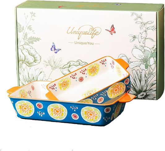 Ceramic Baking Dish Set of 2, 3QT & 1.2QT Stoneware Casserole Dishes for Oven, Rectangular Bakeware with Handles, Oven Safe 480°F, Microwave Dishwasher Safe, Lasagna & Brownie Pan - Ocean Blue