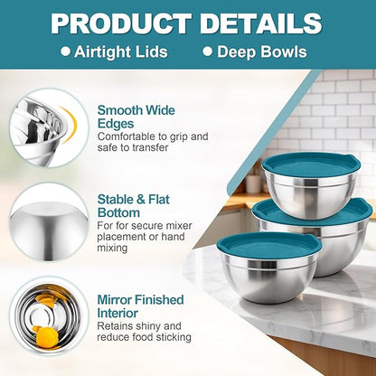 TeamFar Mixing Bowls, Stainless Steel Nesting Salad Bowls with Airtight Lids Set, For Serving/Mixing/Storing, Healthy & Heavy-duty, Dishwasher Safe & Easy Clean, 4.6/3 / 1.5 QT, Navy Blue - Image 3