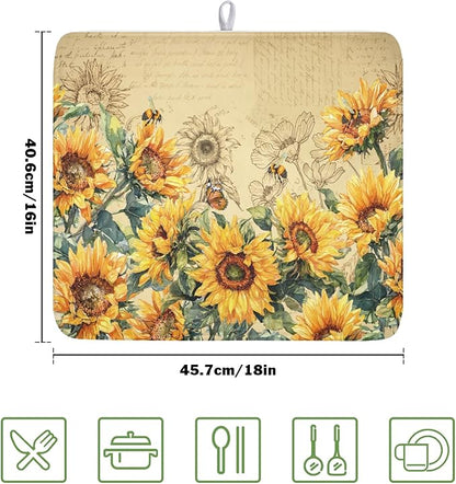 Sunflower Dish Drying Mat for Kitchen Counter Vintage Yellow Sunflowers Microfiber Dish Drainer Mat Spring Summer Watercolor Floral Absorbent Washable Drying Pad Extra Large 16"x18"
