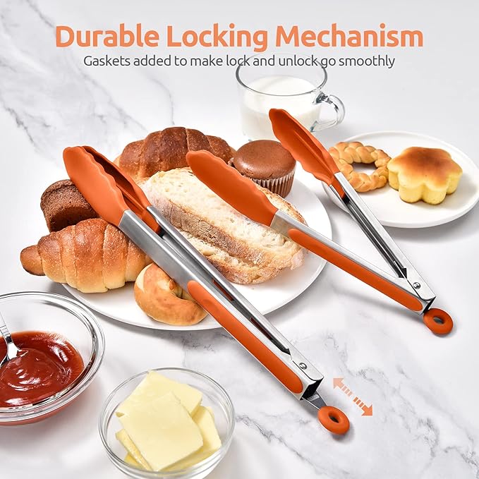 600ºF Heat Resistant Kitchen Tongs: U-Taste 9+12 inch Silicone Cooking Tong Set with Firm Sealed Non Stick Rubber Tips and Silicon Coated 18/8 Stainless Steel Handle for Serving Grilling Salad(Orange) - Image 7