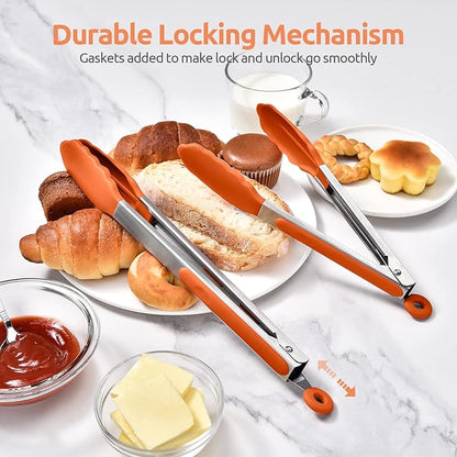 600ºF Heat Resistant Kitchen Tongs: U-Taste 9+12 inch Silicone Cooking Tong Set with Firm Sealed Non Stick Rubber Tips and Silicon Coated 18/8 Stainless Steel Handle for Serving Grilling Salad(Orange) - Image 7