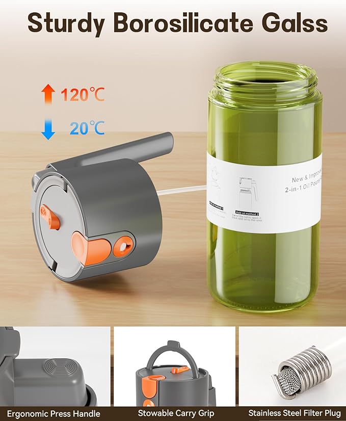 OURCABECUE Upgrade 2 in 1 Oil Sprayer for Cooking, 17oz Light-Blocking Glass Olive Oil Dispenser Bottle for Kitchen,Food-Grade Oil Mister with 8 Stickers for Salad, Frying (Green Bottle-Grey Gap) - Image 7