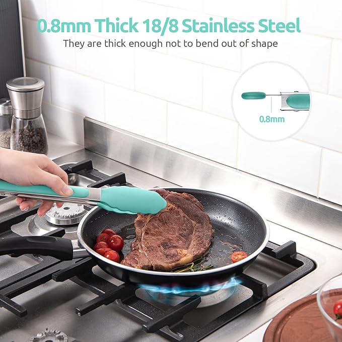 600ºF Heat Resistant Kitchen Tongs: U-Taste 9 inch Silicone Cooking Tong with Firm Sealed Non Stick Rubber Tips & Silicon Coated 18/8 Stainless Steel Handle & Smooth Locking for Serving Salad-Aqua Sky - Image 5