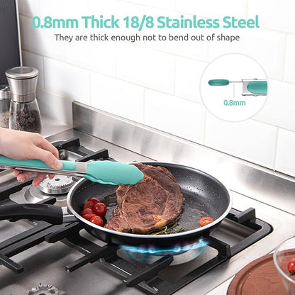 600ºF Heat Resistant Kitchen Tongs: U-Taste 9 inch Silicone Cooking Tong with Firm Sealed Non Stick Rubber Tips & Silicon Coated 18/8 Stainless Steel Handle & Smooth Locking for Serving Salad-Aqua Sky - Image 5