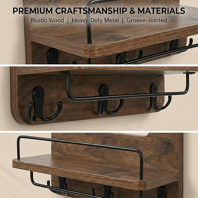 REFGY Key Holder for Wall with Shelf - 5.1" Deep Large Mail Organizer Wall Mount with 3 Heavy-Duty Dual Hooks & Safety Guardrail - Rustic Wood Wall Shelf for Entryway, Kitchen, Office