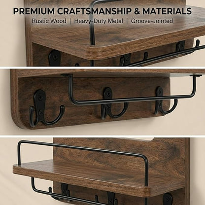 REFGY Key Holder for Wall with Shelf - 5.1" Deep Large Mail Organizer Wall Mount with 3 Heavy-Duty Dual Hooks & Safety Guardrail - Rustic Wood Wall Shelf for Entryway, Kitchen, Office