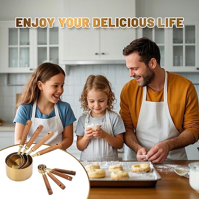 Premium Stainless Steel Measuring Cups and Spoons Set with Wood Handle, 8-Pieces Kitchen Essentials for Baking, Cooking, Coffee with Ergonomic Grip & Engraved Markings (Gold8)