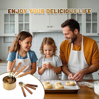 Premium Stainless Steel Measuring Cups and Spoons Set with Wood Handle, 8-Pieces Kitchen Essentials for Baking, Cooking, Coffee with Ergonomic Grip & Engraved Markings (Gold8)