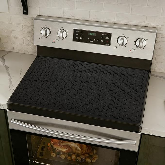 Stove Top Cover for Electric Stove - Food Grade Ceramic Stove top Cover, Silicone XXL Dish Drying Mat, Glass Cooktop Covers, Flat RV Range top Mats (Black, 27.5"X20") by SCYFREID