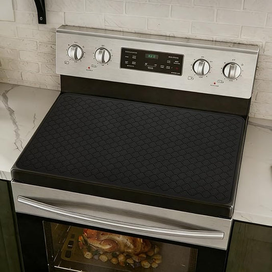 Stove Top Cover for Electric Stove - Food Grade Ceramic Stove top Cover, Silicone XXL Dish Drying Mat, Glass Cooktop Covers, Flat RV Range top Mats (Black, 27.5"X20") by SCYFREID