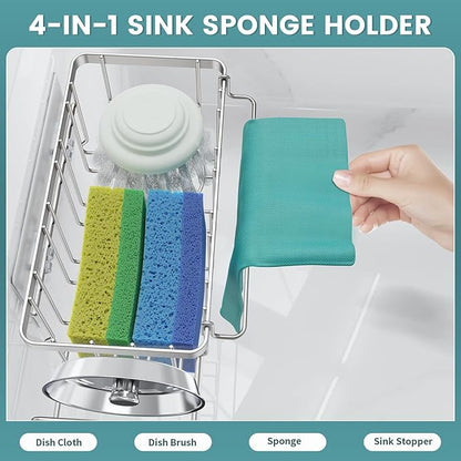 StorageRight 4-in-1 Sponge Holder for Kitchen Sink, Sink Caddy Organizers and Storage with Adhesive Hook & Suction Cups, Rustproof Kitchen Sink Organizer for Home Decor - Silver - Image 3