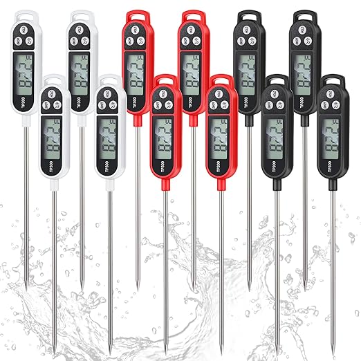 Copkim 12 Pcs Instant Read Meat Thermometer with Long Probe 9.65 Inch Kitchen Cooking Food Candy Waterproof Digital Thermometer for BBQ Water Milk Yogurt Liquid Cooking (Black,White,Red) by Copkim