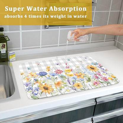 Giwawa Spring Floral Dish Drying Mat, Summer Flower Grey Buffalo Plaids Dish Drainer Mats, Wildflower Butterfly Check Reversible Drying Rack Pad Protector for Kitchen Countertop Decor, 18"x24"