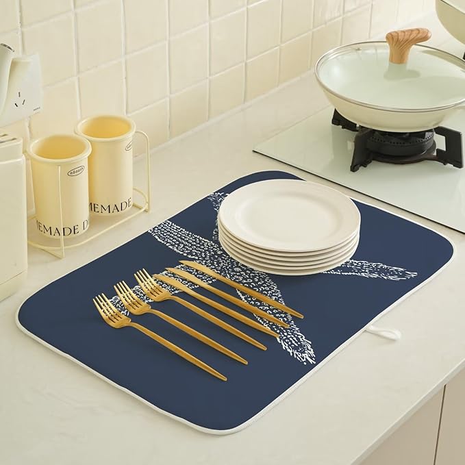 Coastal Beach Dish Drying Mat 18 x 24 inch, Summer Navy Blue Starfish Decorative Drying Mats Microfiber Absorbent Dish Washable Draining Mat for Kitchen Counter Decor