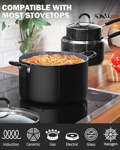 Cook N Home Pots and Pans Nonstick Kitchen Cookware Sets include Saucepan Frying Pan Stockpots 8-Piece, Heavy Gauge, Stay Cool Handle, Marble - Image 3