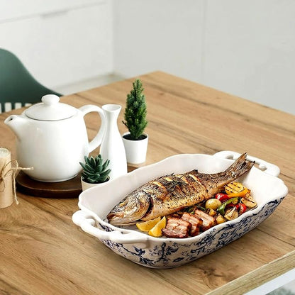 Vintage Casserole Dish 7.3 x 11.8, Ceramic Baking Dish with Oil Drip Rack, 1.26 Qt Blue and White Roasting Pan with Double Handles, Oven Safe and Durable for Baking, Lasagna, Wedding Gift - Image 6
