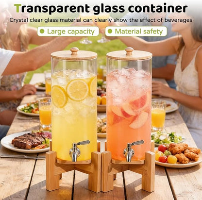 MOBYKE 2 PCS 1.6 Gallon Drink dispenser, Large Water Glass Beverage Dispenser With Wood Stand for Parties With Stainless Steel Spigot, Ideal for Lemonade,Juice, Tea, and Party Drinks
