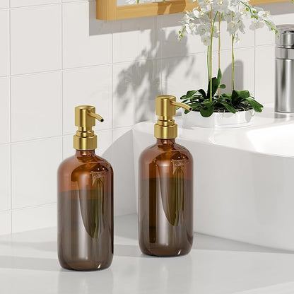 AmazerBath Amber Glass Soap Dispenser, 2 Pack Vintage Brown Bottle with Stainless Steel Pump,17 Oz Hand Dish Soap Dispenser Bottle, Modern Soap Dispensers for Bathroom Kitchen - Image 6