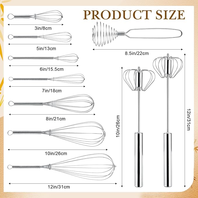 Teenyyou 10 Pcs Stainless Steel Whisks Set Egg Beater Semi Auto Whisk Blender Hand Push Beater Versatile Utensil for Kitchen Mixing Blending Beating Stirring Cooking 3 5 6 7 8 10 12 Inch - Image 2