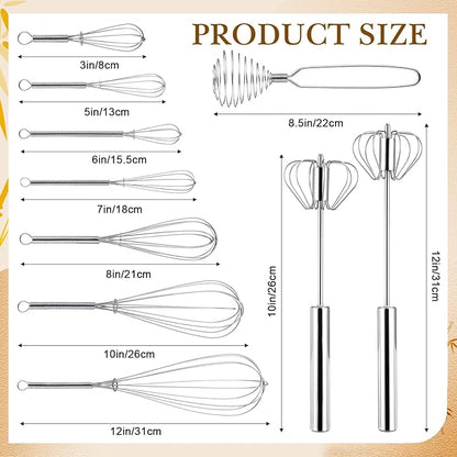 Teenyyou 10 Pcs Stainless Steel Whisks Set Egg Beater Semi Auto Whisk Blender Hand Push Beater Versatile Utensil for Kitchen Mixing Blending Beating Stirring Cooking 3 5 6 7 8 10 12 Inch - Image 2