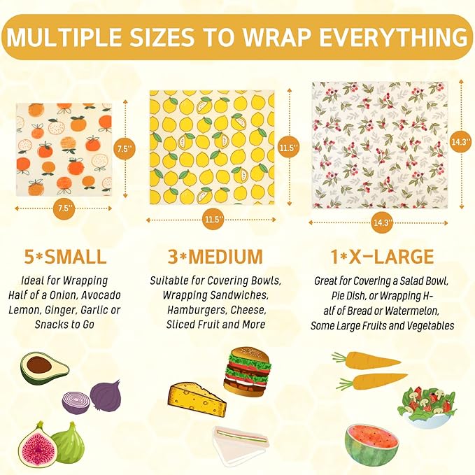 Reusable Beeswax Wrap - 9 Pack Beeswax Wraps for Food, Eco-Friendly Beeswax Food Wraps, Bread Sandwich Wrapper - Organic, Sustainable, Zero Waste, Reusable Plastic-Free Food Storage Wrap, 1XL, 3M, 5S - Image 3