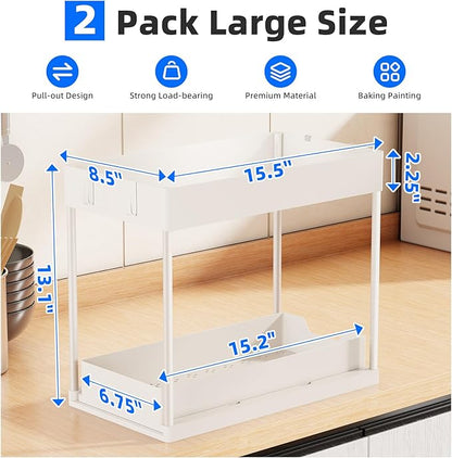 Simple Trending Under Sink Organizer 2 Pack, Sink Pull-Out Sliding Storage Cabinet, 2-Tier Under Shelf Organizer for Kitchen Bathroom, White - Image 2