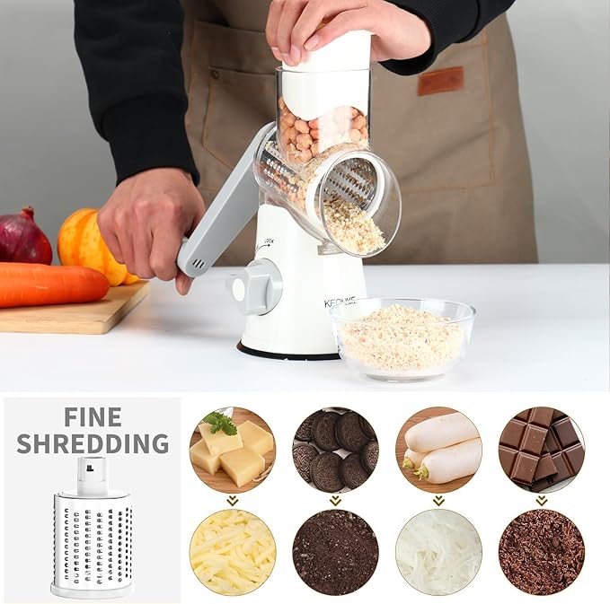 Cambom Rotary Cheese Grater Hand Crank Cheese Shredder for Fresh Cheese, Vegetable, Nuts,Non-slip Suction Base, Free Cleaning Brush Three Blades, White - Image 4