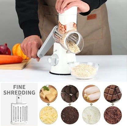 Cambom Rotary Cheese Grater Hand Crank Cheese Shredder for Fresh Cheese, Vegetable, Nuts,Non-slip Suction Base, Free Cleaning Brush Three Blades, White - Image 4