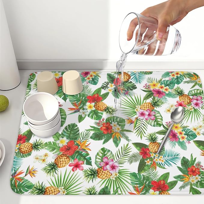 Summer Tropical Dish Drying Mat for Kitchen Counter Hawaii Palm Leaves Floral Pineapple Microfiber Dish Drainer Mat Rustic Absorbent Washable Drying Pad Extra Large 18"x24"