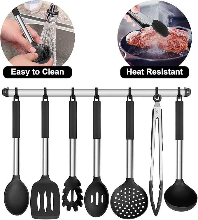 E-far Silicone Cooking Utensils Set, 7 Pcs Heat Resistant Kitchen Utensils with Stainless Steel Handle, Slotted Turner, Spoon, Soup Ladle, Pasta Server, Skimmer, Tongs for Nonstick Cookware, Black - Image 6