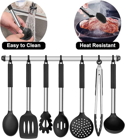 E-far Silicone Cooking Utensils Set, 7 Pcs Heat Resistant Kitchen Utensils with Stainless Steel Handle, Slotted Turner, Spoon, Soup Ladle, Pasta Server, Skimmer, Tongs for Nonstick Cookware, Black - Image 6