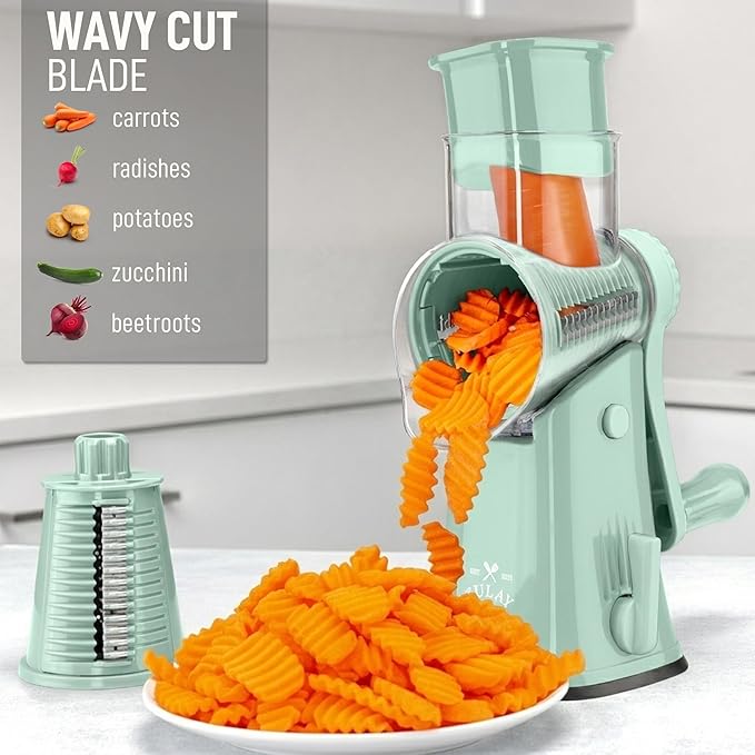 Zulay Kitchen Rotary Cheese Grater 5 Blade Cheese Shredder - Manual Hand Crank Cheese Grater With Reinforced Suction & 5 Interchangeable Drums - Easy to Use, Vegetable Chopper Round Mandoline Slicer - Image 4