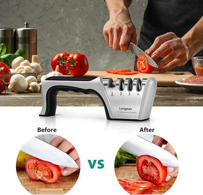 Longzon 5-in-1 Knife Sharpener 4 Stage with Cut-Resistant Glove, Quickly Sharpens & Restores Dull Blades, Easy & Safe for Home Kitchen Use, Fits Most Knives and Scissors, Black+Silver - Image 7