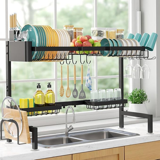 Sakugi Over The Sink Dish Drying Rack - Adjustable 2 Tier X-Large Capacity Stainless Steel Drainer with Cutlery & Utensil Holders, Kitchen Storage & Organization, 32"-39.5" L x 12" W x 25" H, Black by Sakugi