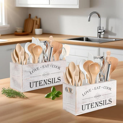 2 PC Wooden Utensil Holder,（With 4-Compartments size*1 + 3-Compartments size*1） Extra Large Kitchen Counter,Cooking Spatula Organizer,Farmhouse Decor, Rustic Cooking Utensil - Image 7