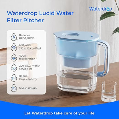 Waterdrop PT-07B Water Filter Pitcher, 10-Cup, NSF Certified, 200-Gallon Long-Life Filter, Improves Coffee & Tea Taste, Reduces PFOA/PFOS and Chlorine, 5X Longer Filter Life, Blue - Image 2