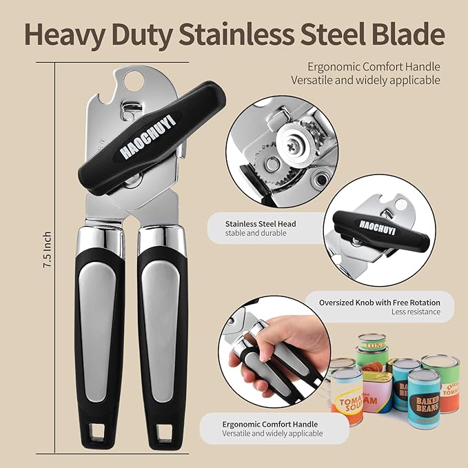 Heavy Duty Stainless Steel Smooth Edge Manual Can Opener and Bottle Openers, Soft Ergonomic Handle, Oversized Handheld Easy Turn Knob, Multifunctional Kitchen Tool, Black ﻿