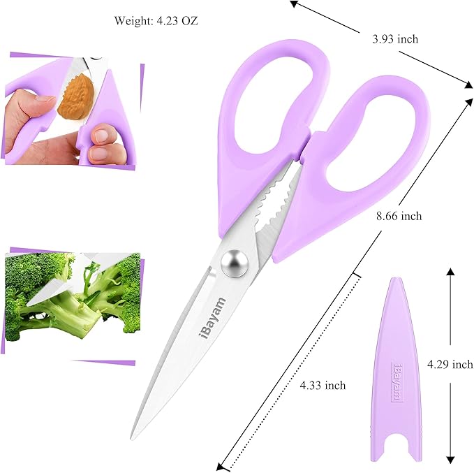 iBayam Kitchen Scissors, Purple Kitchen Utensils Accessories, All Purpose Heavy Duty Meat Scissors, Poultry Shears, Dishwasher Safe, Stainless Steel, 2-Pack, Pastel Pink, Soft Purple - Image 3