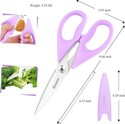 iBayam Kitchen Scissors, Purple Kitchen Utensils Accessories, All Purpose Heavy Duty Meat Scissors, Poultry Shears, Dishwasher Safe, Stainless Steel, 2-Pack, Pastel Pink, Soft Purple - Image 3