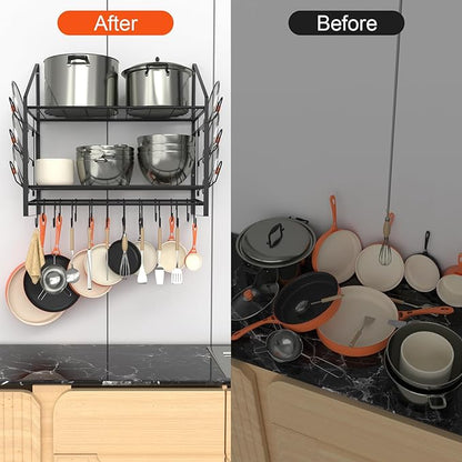 VyGrow 28 Inch Pot Rack Wall Mounted, 2 Tier Pots and Pans Organizer with 20 Hooks and 6 Pot Lid Holders, Heavy Duty Steel Pot and Pan Hanger for Kitchen Cookware Utensils Storage 34.7" Lx13 Wx26.4 H - Image 7