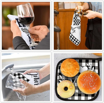 5 Pieces Buffalo Plaid Kitchen Towels Oven Mitts and Pot Holder Set Black and White Kitchen Towels Oven Gloves, Hot Pads Pot Holders for Farm House Accessories Decor(Heart) - Image 7