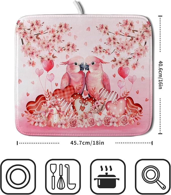 Small Holiday Dish Drying Mat Pink Love Bird Absorbent Coffee Bar Mat for Decoration 16 X 18 In - Image 2
