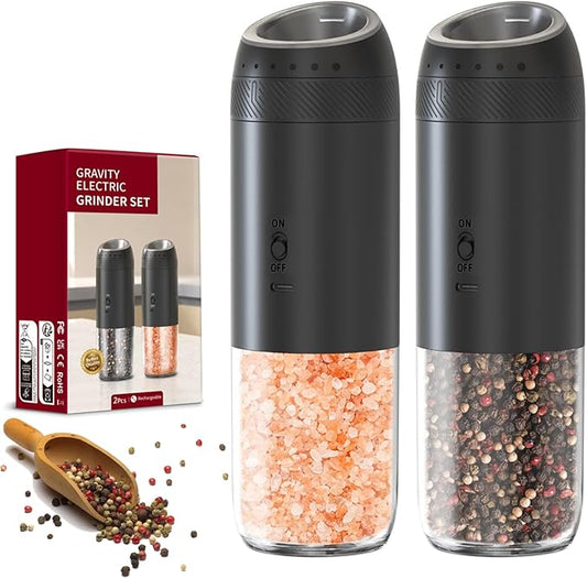 Gravity Electric Salt and Pepper Grinder Set, Automatic Salt Pepper Mill Grinder with Adjustable Coarseness, Large Capacity, LED Light & Easy Refill, USB Rechargeable Spice Grinders for Kitchen