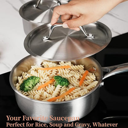 2 QT Saucepan with Lid,3-Ply Stainless Steel Saucepan,Professional Grade Cookware,Induction Compatible