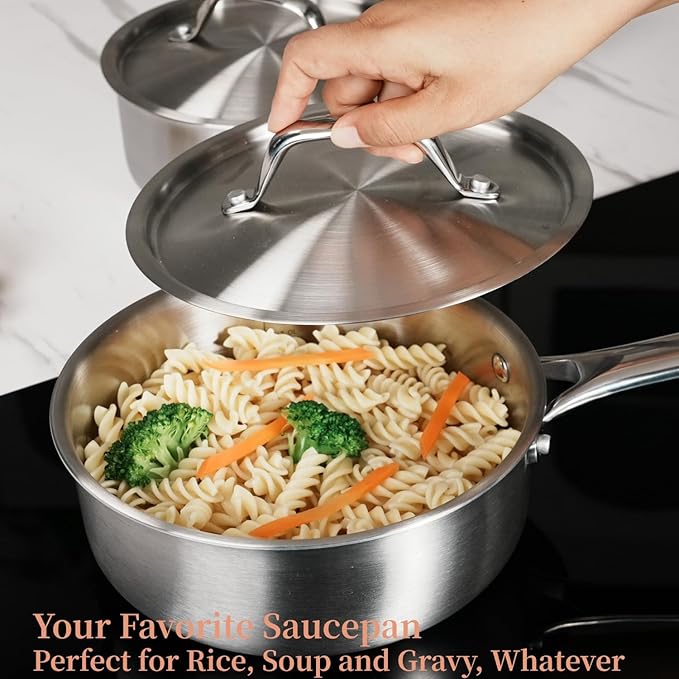 3 QT Saucepan with Lid,3-Ply Stainless Steel Saucepan,Professional Grade Cookware,Induction Compatible