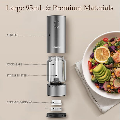 Newise Electric Salt and Pepper Grinder Set - Rechargeable Stainless Steel Salt and Pepper Shakers with LED Lights, Adjustable Coarseness, Large Capacity, Kitchen Appliances Gifts for Women