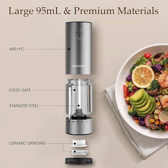 Electric Salt and Pepper Grinder Set - Acacia Wood Base, Rechargeable & Automatic Pepper Mill with LED Lights, Adjustable Coarseness, 95ml Large Capacity, Kitchen Birthday Gifts for Women